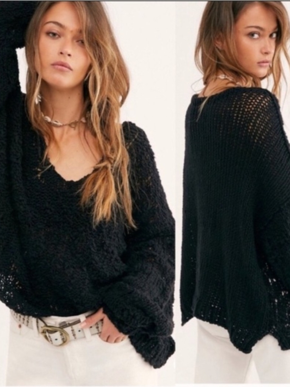 NWT Free People Black Knit V-Neck Slouchy Oversized Long Sleeve Sweater Size M